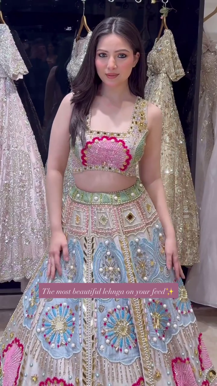 Elegant Pastel Embroidered Bridal Lehenga with Mirror and Pearl Detailing