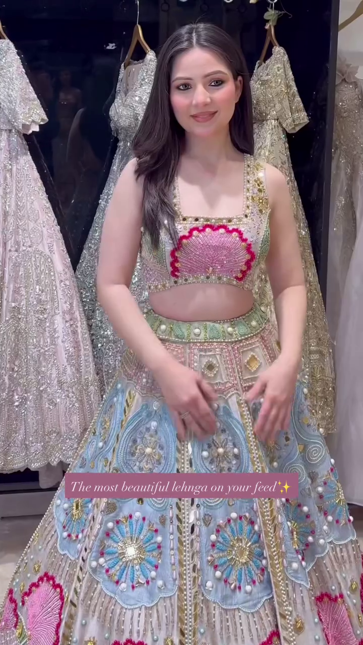 Elegant Pastel Embroidered Bridal Lehenga with Mirror and Pearl Detailing
