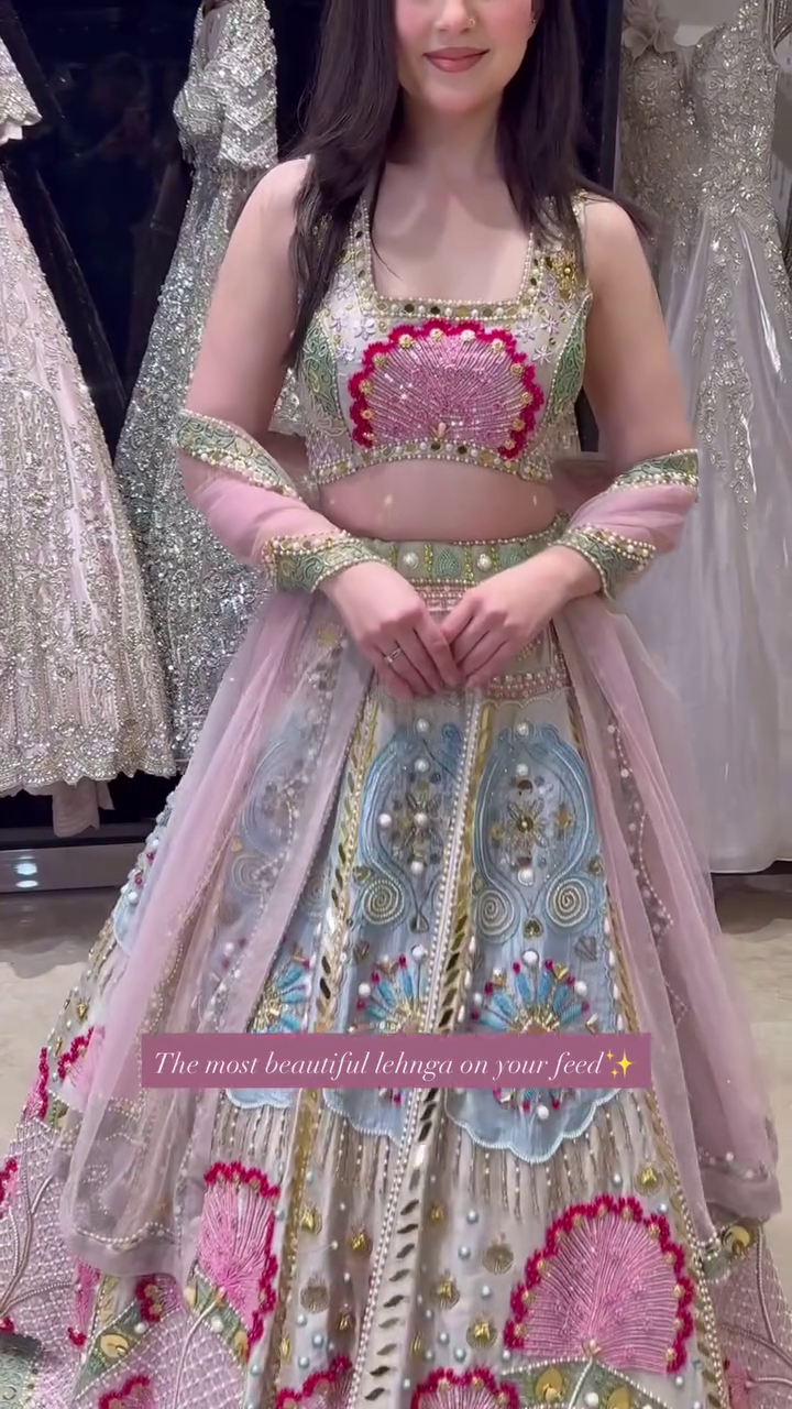 Elegant Pastel Embroidered Bridal Lehenga with Mirror and Pearl Detailing