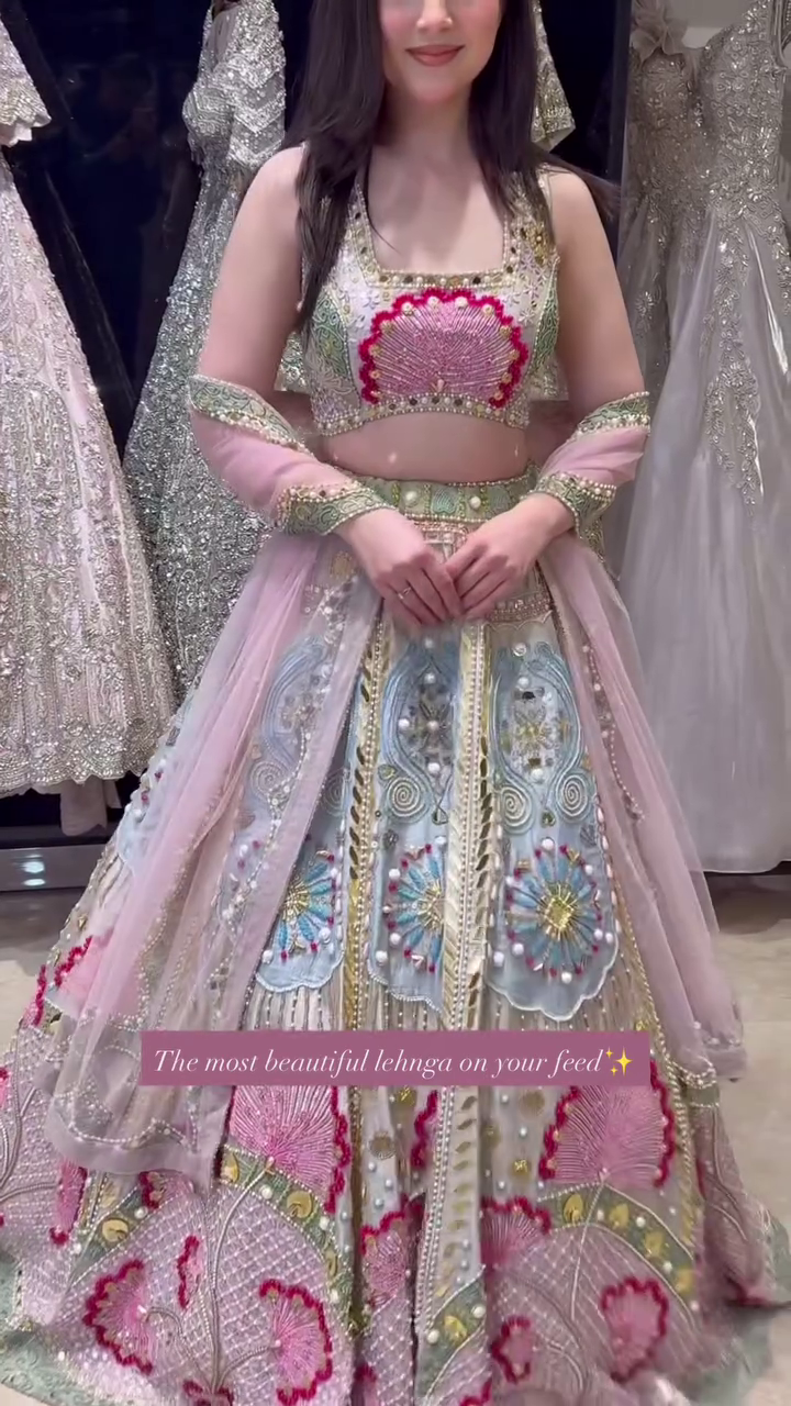 Elegant Pastel Embroidered Bridal Lehenga with Mirror and Pearl Detailing