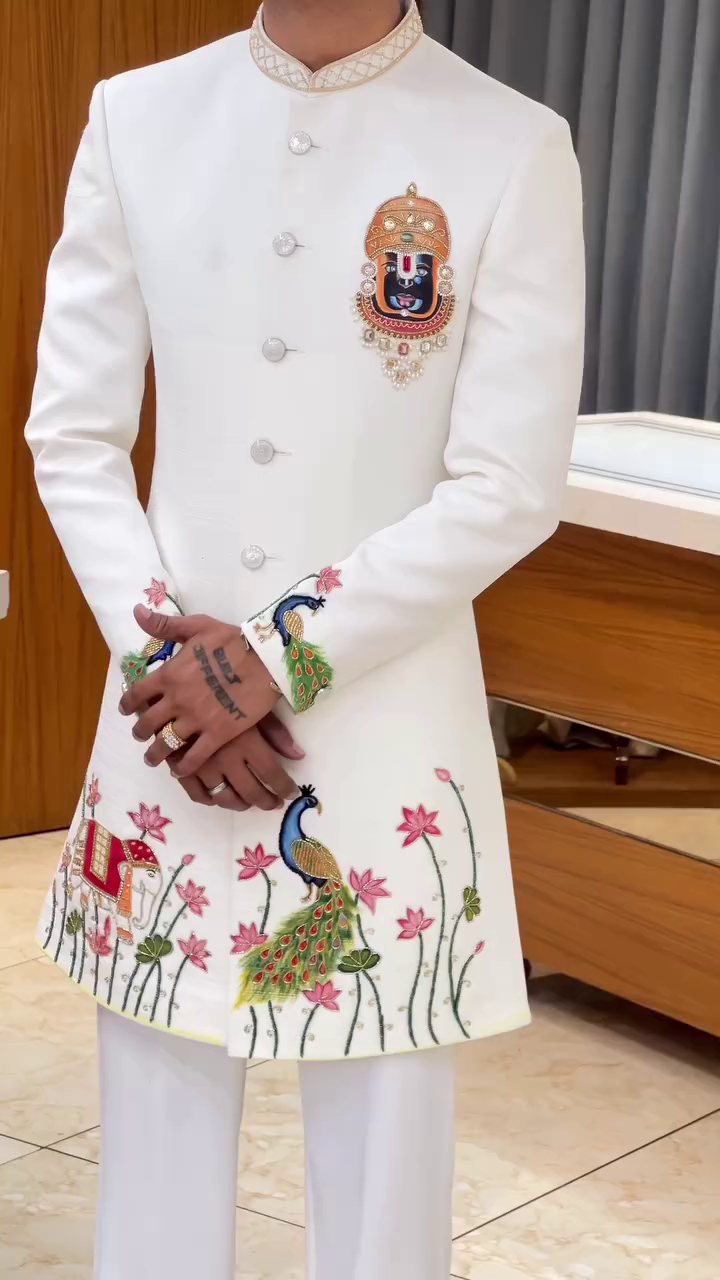 Royal Ivory Sherwani with Peacock Embroidery