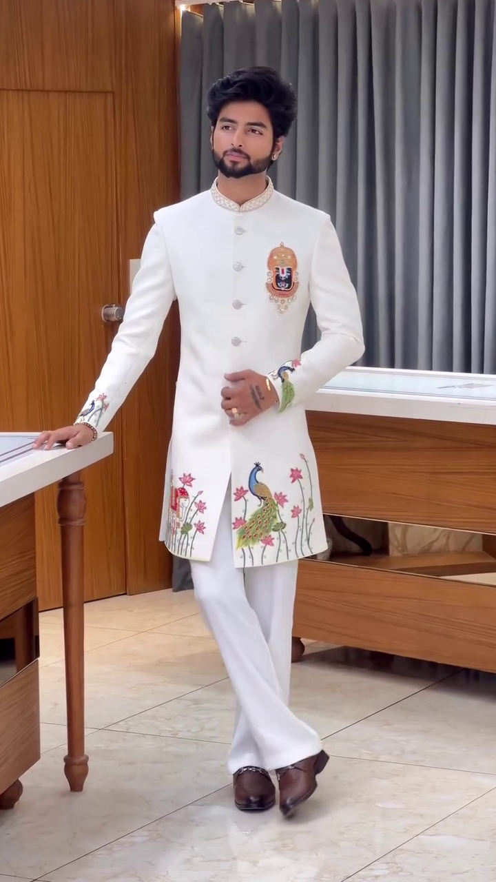 Royal Ivory Sherwani with Peacock Embroidery