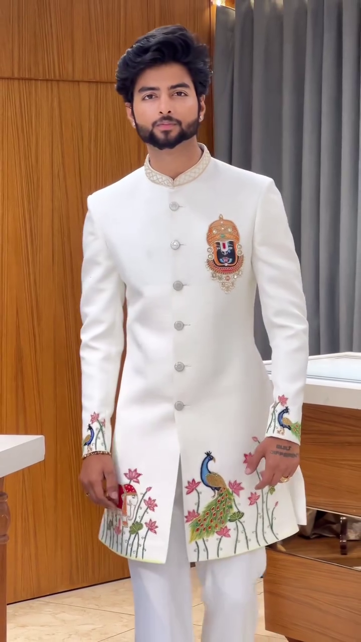 Royal Ivory Sherwani with Peacock Embroidery