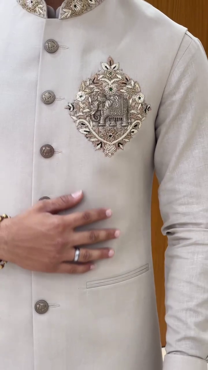Classic Beige Kurta Set with Embellished Nehru Jacket