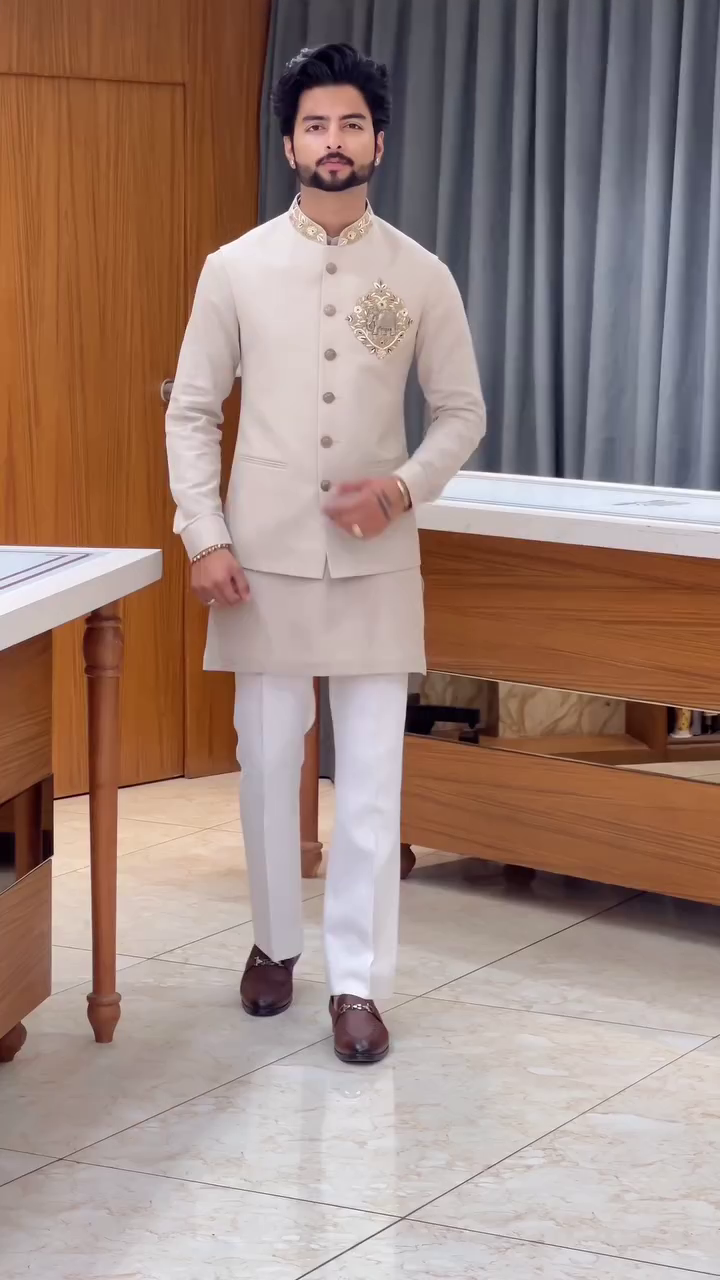 Classic Beige Kurta Set with Embellished Nehru Jacket