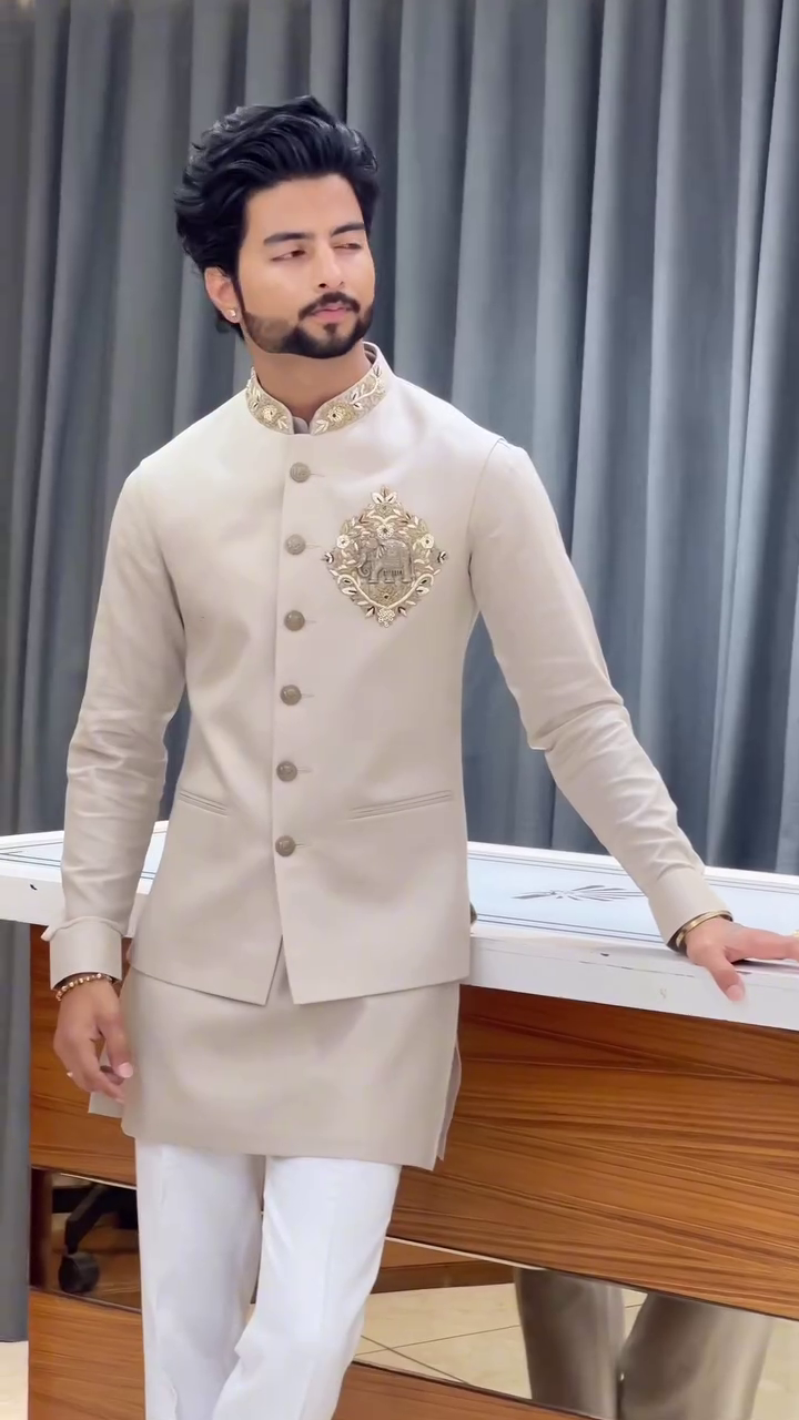 Classic Beige Kurta Set with Embellished Nehru Jacket