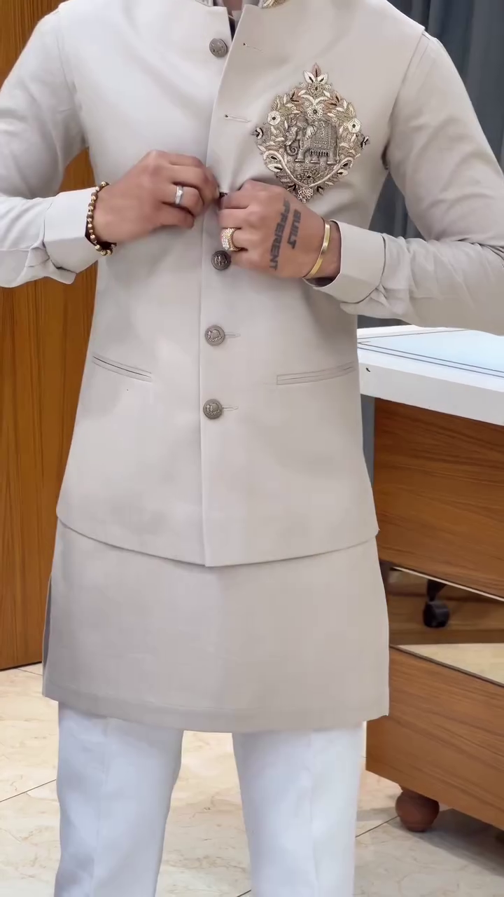 Classic Beige Kurta Set with Embellished Nehru Jacket