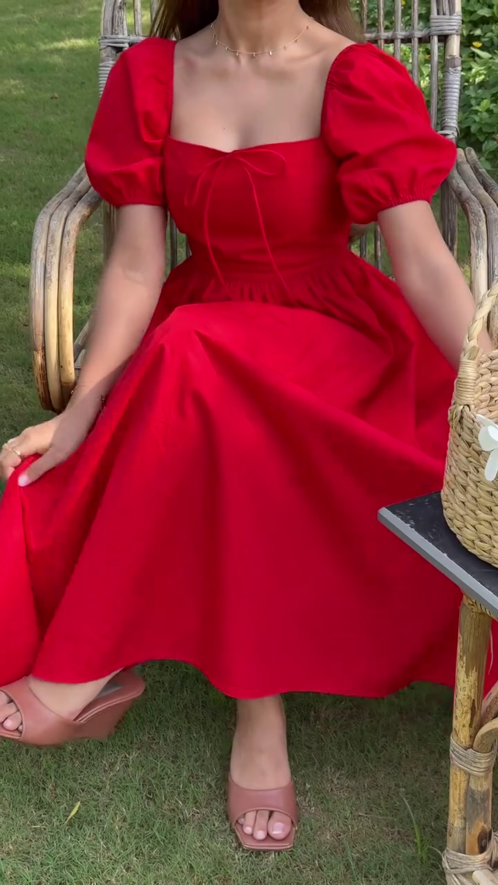 Bold Red Puff Sleeve Midi Dress for Statement Summer Style