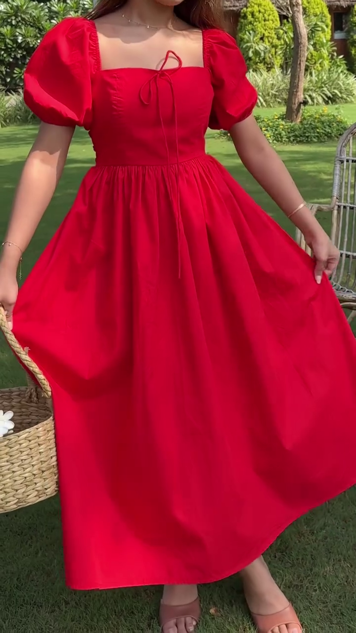 Bold Red Puff Sleeve Midi Dress for Statement Summer Style
